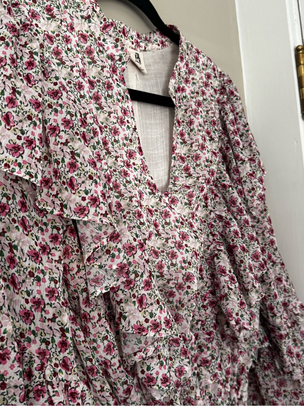 Floral Ruffle V-Neck Dress - Pink & Green on Cream